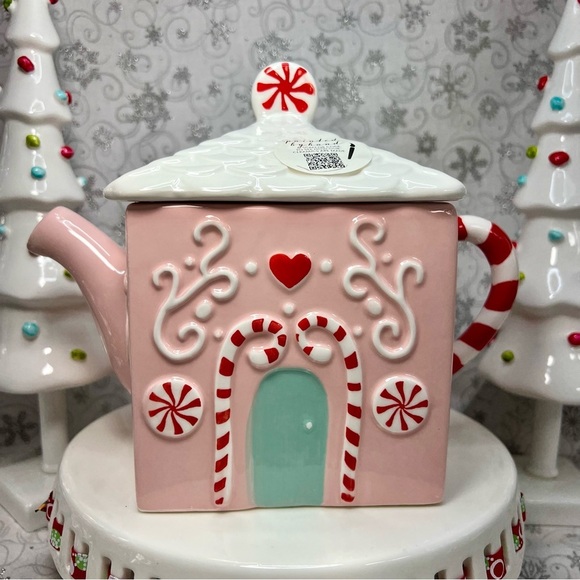 LANG Christmas Pale Pink Peppermint Gingerbread Candy Cane Ceramic Xmas Teapot - Picture 1 of 12